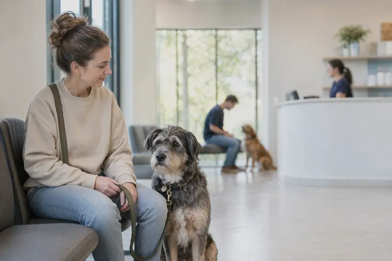 Ein Chambray Hund sitzt ruhig neben seinem Besitzer im hellen Wartezimmer einer Tierarztpraxis.